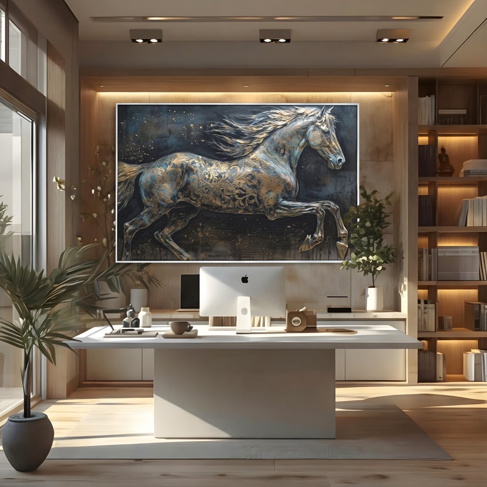 Tablou Canvas Premium, LuxCanva® M1343, Steaua Noptii, Metalic, Auriu, Elegant, Nobil, Artistic, Armasar, Animal, Galop, Miscare, Birou, Living, Camera Copil