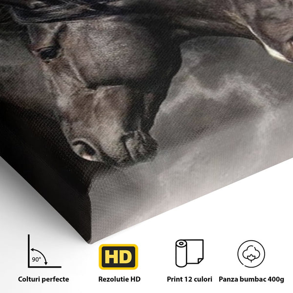 Tablou Canvas Premium, LuxCanva® M1345, Tropotul Furtunii, Cai, Animale, Galop, Viteza, Salbaticie, Grup, Armonie, Intunecat, Libertate, Birou, Living, Camera Copil