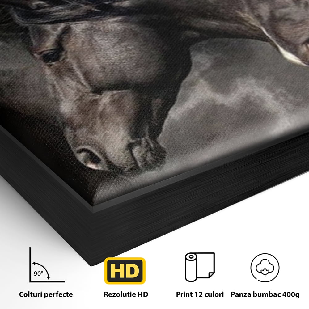 Tablou Canvas Premium, LuxCanva® M1345, Tropotul Furtunii, Cai, Animale, Galop, Viteza, Salbaticie, Grup, Armonie, Intunecat, Libertate, Birou, Living, Camera Copil