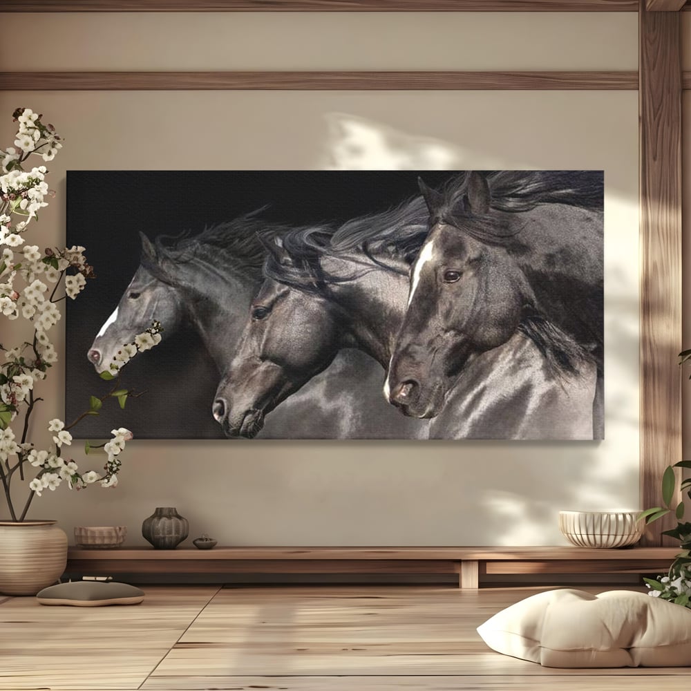 Tablou Canvas Premium, LuxCanva® M1345, Tropotul Furtunii, Cai, Animale, Galop, Viteza, Salbaticie, Grup, Armonie, Intunecat, Libertate, Birou, Living, Camera Copil