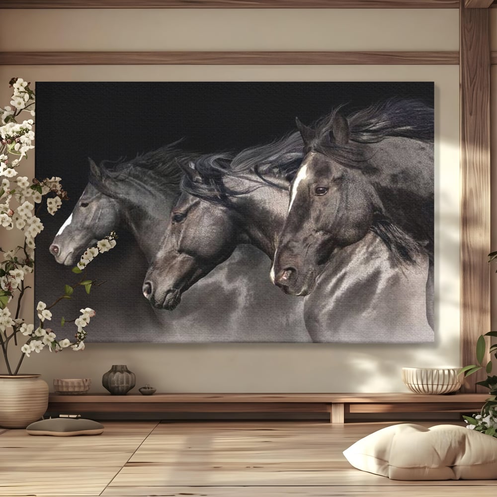 Tablou Canvas Premium, LuxCanva® M1345, Tropotul Furtunii, Cai, Animale, Galop, Viteza, Salbaticie, Grup, Armonie, Intunecat, Libertate, Birou, Living, Camera Copil