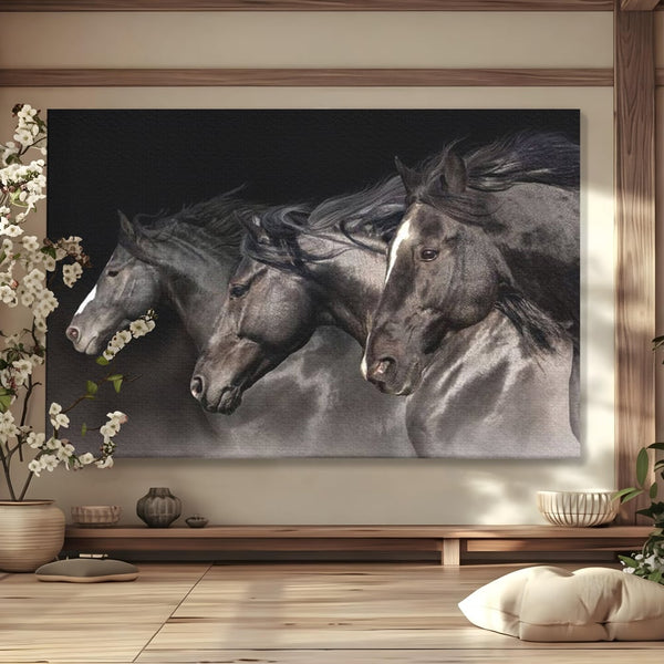 Tablou Canvas Premium, LuxCanva® M1345, Tropotul Furtunii, Cai, Animale, Galop, Viteza, Salbaticie, Grup, Armonie, Intunecat, Libertate, Birou, Living, Camera Copil