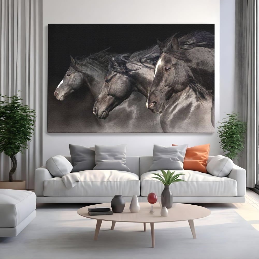 Tablou Canvas Premium, LuxCanva® M1345, Tropotul Furtunii, Cai, Animale, Galop, Viteza, Salbaticie, Grup, Armonie, Intunecat, Libertate, Birou, Living, Camera Copil