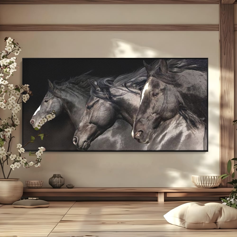 Tablou Canvas Premium, LuxCanva® M1345, Tropotul Furtunii, Cai, Animale, Galop, Viteza, Salbaticie, Grup, Armonie, Intunecat, Libertate, Birou, Living, Camera Copil