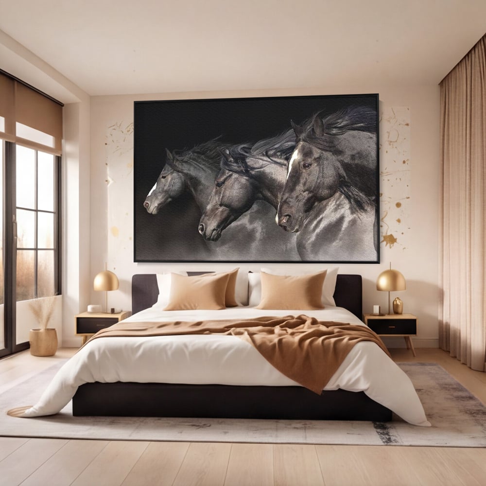 Tablou Canvas Premium, LuxCanva® M1345, Tropotul Furtunii, Cai, Animale, Galop, Viteza, Salbaticie, Grup, Armonie, Intunecat, Libertate, Birou, Living, Camera Copil