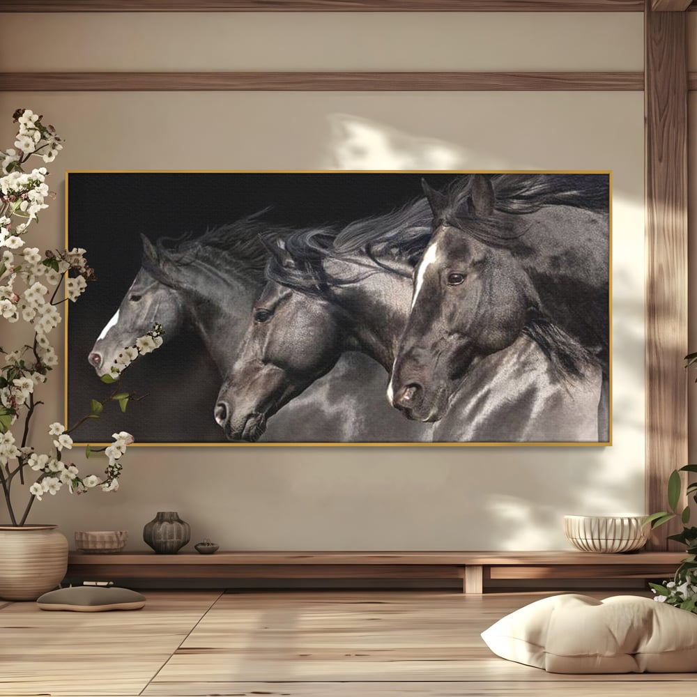 Tablou Canvas Premium, LuxCanva® M1345, Tropotul Furtunii, Cai, Animale, Galop, Viteza, Salbaticie, Grup, Armonie, Intunecat, Libertate, Birou, Living, Camera Copil