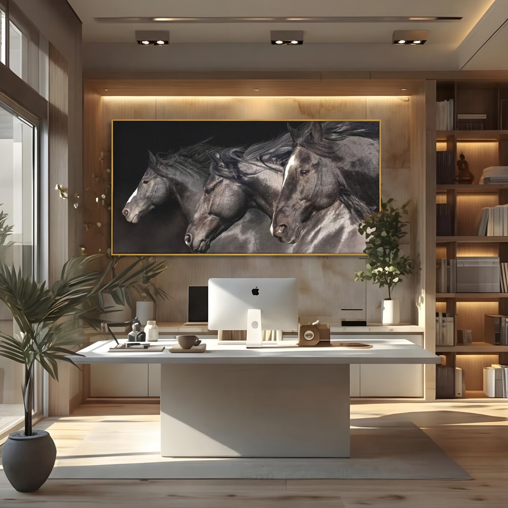 Tablou Canvas Premium, LuxCanva® M1345, Tropotul Furtunii, Cai, Animale, Galop, Viteza, Salbaticie, Grup, Armonie, Intunecat, Libertate, Birou, Living, Camera Copil