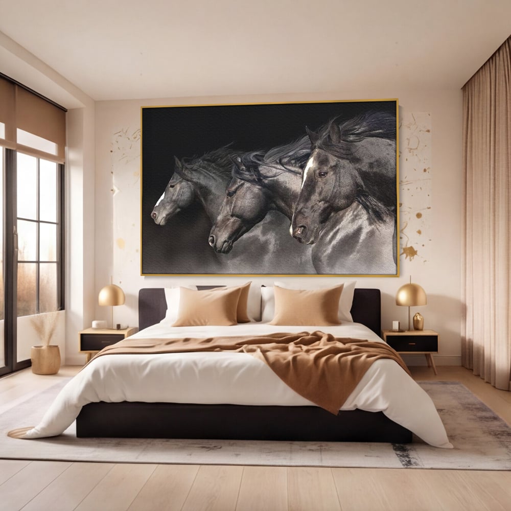 Tablou Canvas Premium, LuxCanva® M1345, Tropotul Furtunii, Cai, Animale, Galop, Viteza, Salbaticie, Grup, Armonie, Intunecat, Libertate, Birou, Living, Camera Copil