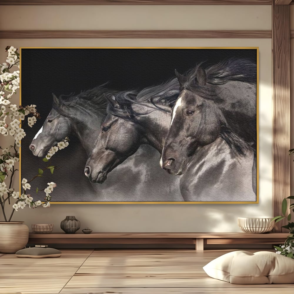 Tablou Canvas Premium, LuxCanva® M1345, Tropotul Furtunii, Cai, Animale, Galop, Viteza, Salbaticie, Grup, Armonie, Intunecat, Libertate, Birou, Living, Camera Copil