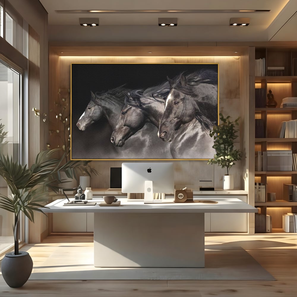 Tablou Canvas Premium, LuxCanva® M1345, Tropotul Furtunii, Cai, Animale, Galop, Viteza, Salbaticie, Grup, Armonie, Intunecat, Libertate, Birou, Living, Camera Copil