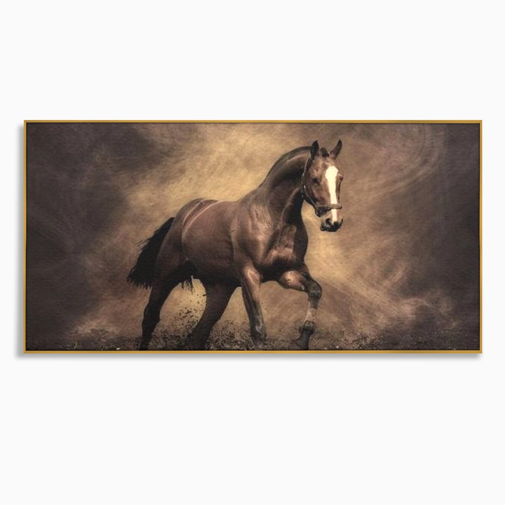 Tablou Canvas Premium, LuxCanva® M1346, Invelis de Praf si Lumina, Pamant, Praf, Lumina, Viteza, Energie, Cal, Animal, Copite, Salbaticie, Birou, Living, Camera Copil