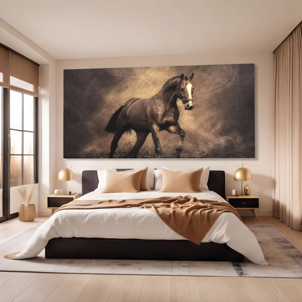 Tablou Canvas Premium, LuxCanva® M1346, Invelis de Praf si Lumina, Pamant, Praf, Lumina, Viteza, Energie, Cal, Animal, Copite, Salbaticie, Birou, Living, Camera Copil