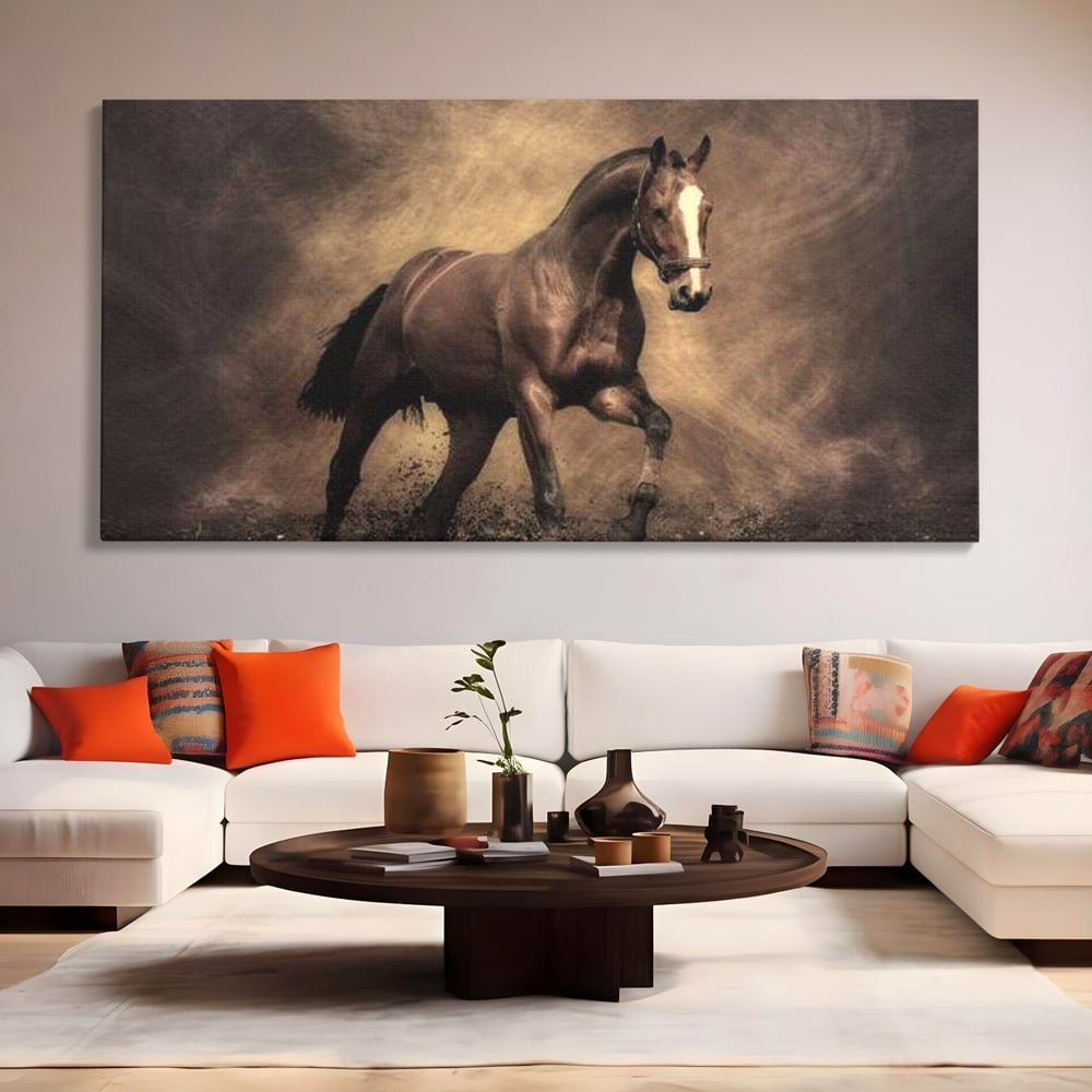 Tablou Canvas Premium, LuxCanva® M1346, Invelis de Praf si Lumina, Pamant, Praf, Lumina, Viteza, Energie, Cal, Animal, Copite, Salbaticie, Birou, Living, Camera Copil