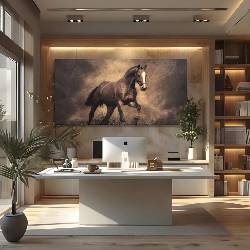 Tablou Canvas Premium, LuxCanva® M1346, Invelis de Praf si Lumina, Pamant, Praf, Lumina, Viteza, Energie, Cal, Animal, Copite, Salbaticie, Birou, Living, Camera Copil