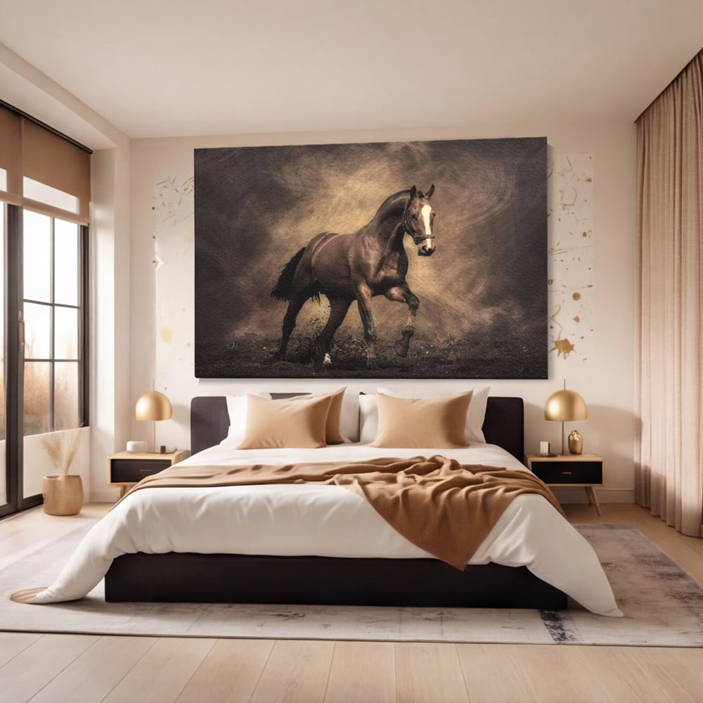Tablou Canvas Premium, LuxCanva® M1346, Invelis de Praf si Lumina, Pamant, Praf, Lumina, Viteza, Energie, Cal, Animal, Copite, Salbaticie, Birou, Living, Camera Copil