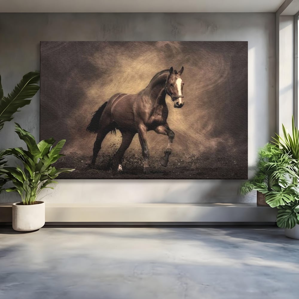 Tablou Canvas Premium, LuxCanva® M1346, Invelis de Praf si Lumina, Pamant, Praf, Lumina, Viteza, Energie, Cal, Animal, Copite, Salbaticie, Birou, Living, Camera Copil