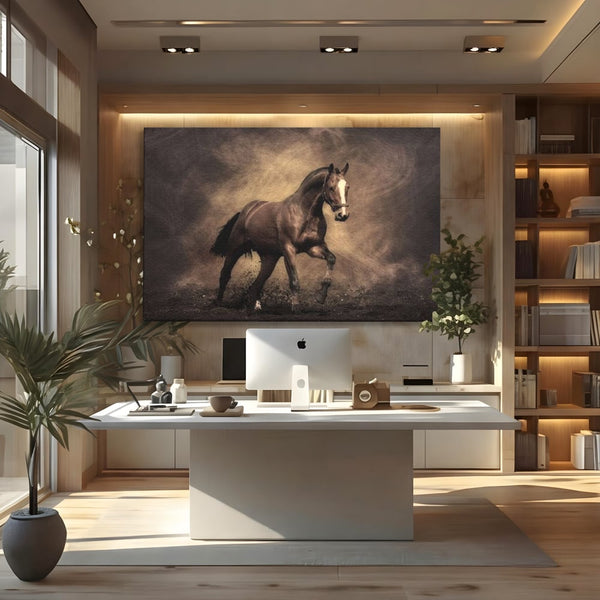 Tablou Canvas Premium, LuxCanva® M1346, Invelis de Praf si Lumina, Pamant, Praf, Lumina, Viteza, Energie, Cal, Animal, Copite, Salbaticie, Birou, Living, Camera Copil