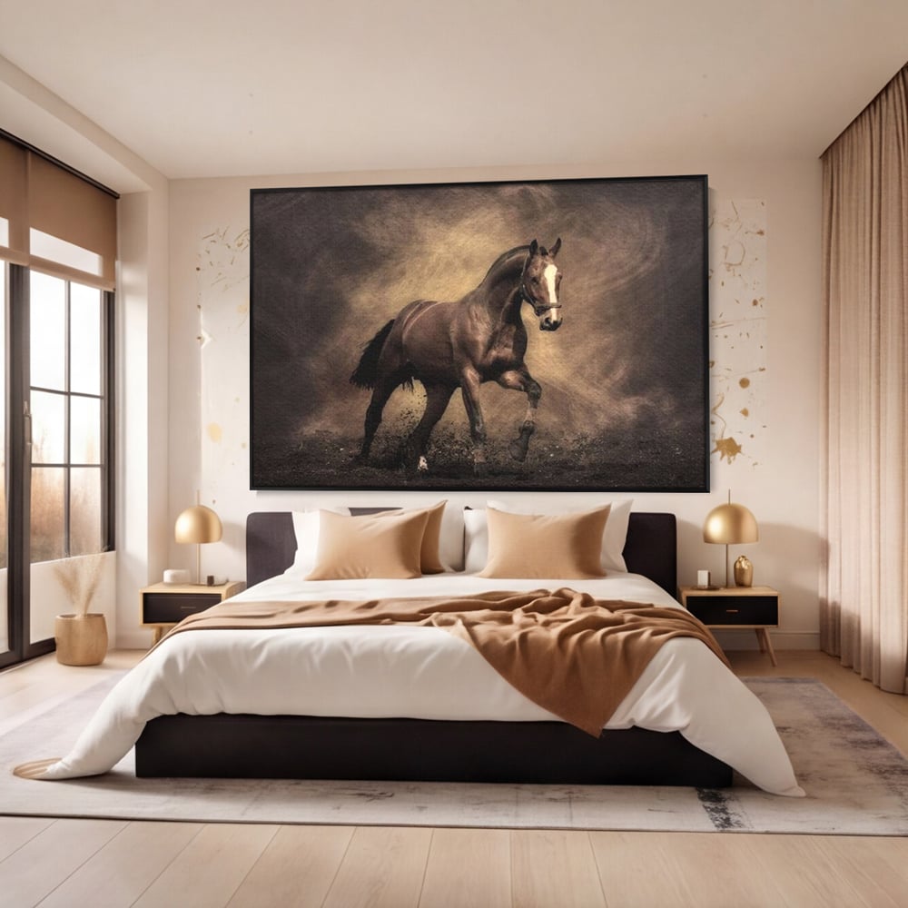 Tablou Canvas Premium, LuxCanva® M1346, Invelis de Praf si Lumina, Pamant, Praf, Lumina, Viteza, Energie, Cal, Animal, Copite, Salbaticie, Birou, Living, Camera Copil