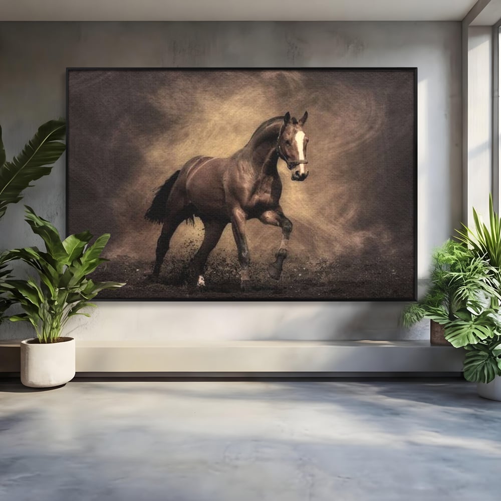 Tablou Canvas Premium, LuxCanva® M1346, Invelis de Praf si Lumina, Pamant, Praf, Lumina, Viteza, Energie, Cal, Animal, Copite, Salbaticie, Birou, Living, Camera Copil