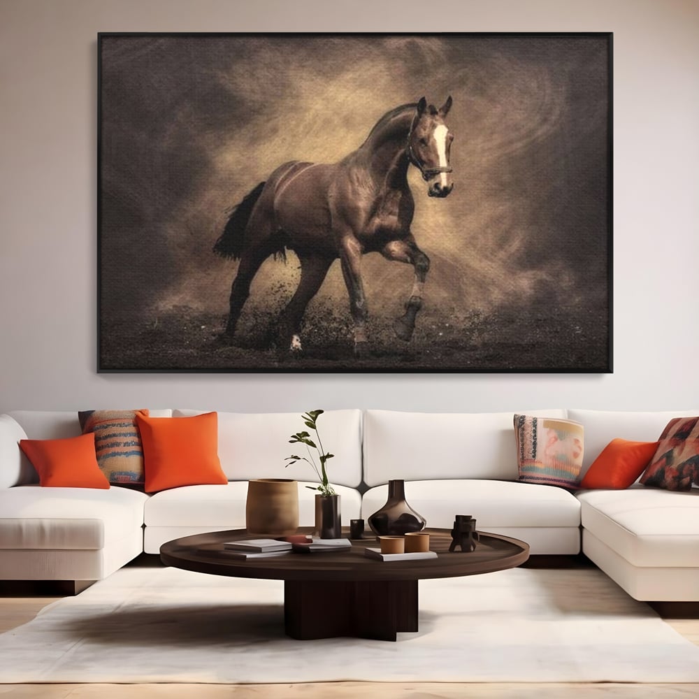 Tablou Canvas Premium, LuxCanva® M1346, Invelis de Praf si Lumina, Pamant, Praf, Lumina, Viteza, Energie, Cal, Animal, Copite, Salbaticie, Birou, Living, Camera Copil