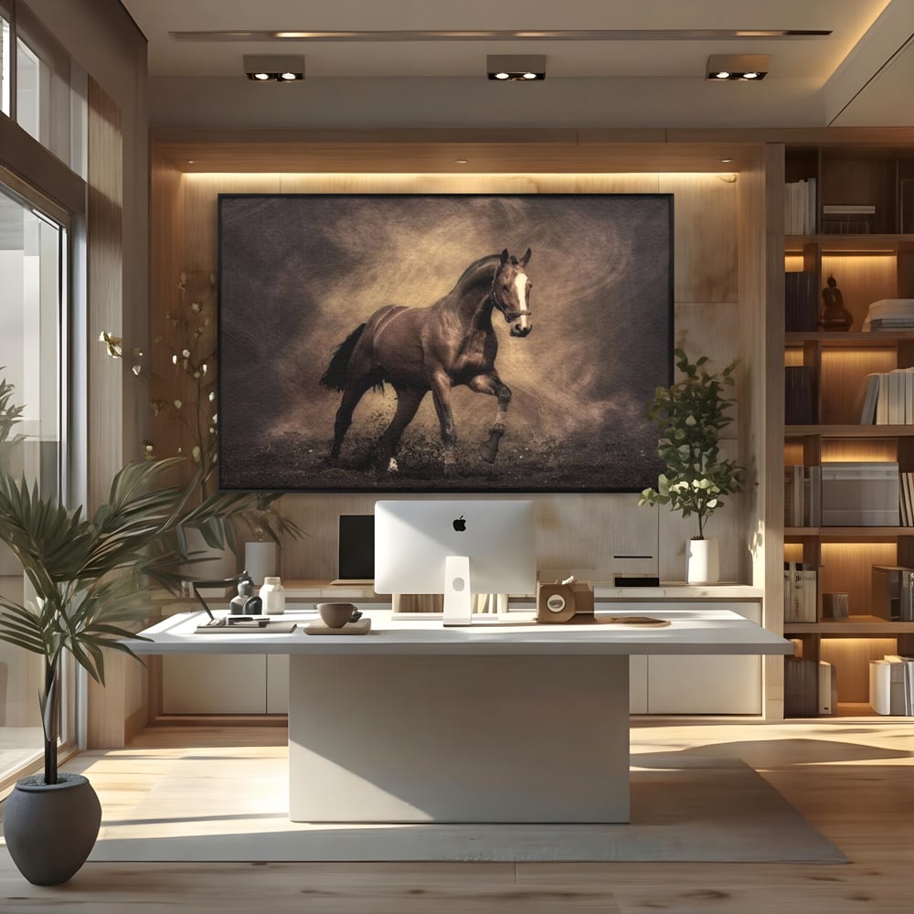 Tablou Canvas Premium, LuxCanva® M1346, Invelis de Praf si Lumina, Pamant, Praf, Lumina, Viteza, Energie, Cal, Animal, Copite, Salbaticie, Birou, Living, Camera Copil