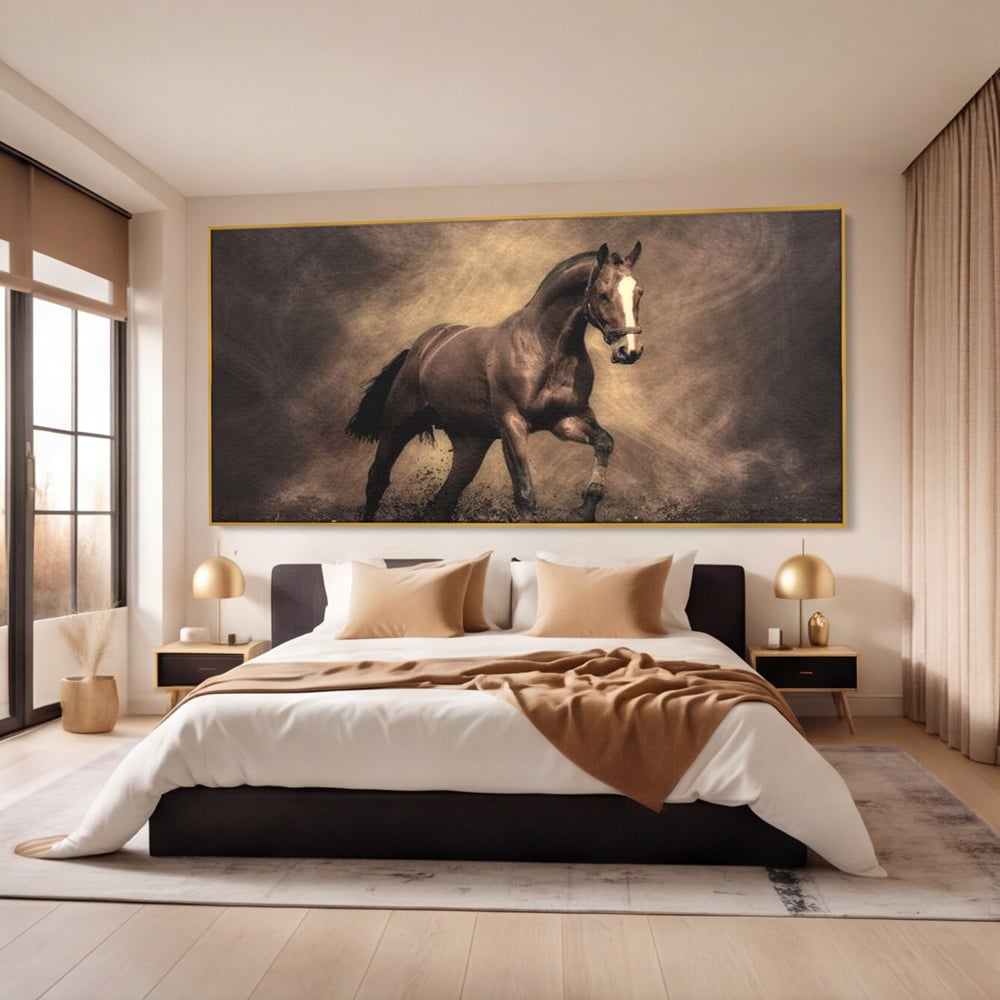 Tablou Canvas Premium, LuxCanva® M1346, Invelis de Praf si Lumina, Pamant, Praf, Lumina, Viteza, Energie, Cal, Animal, Copite, Salbaticie, Birou, Living, Camera Copil