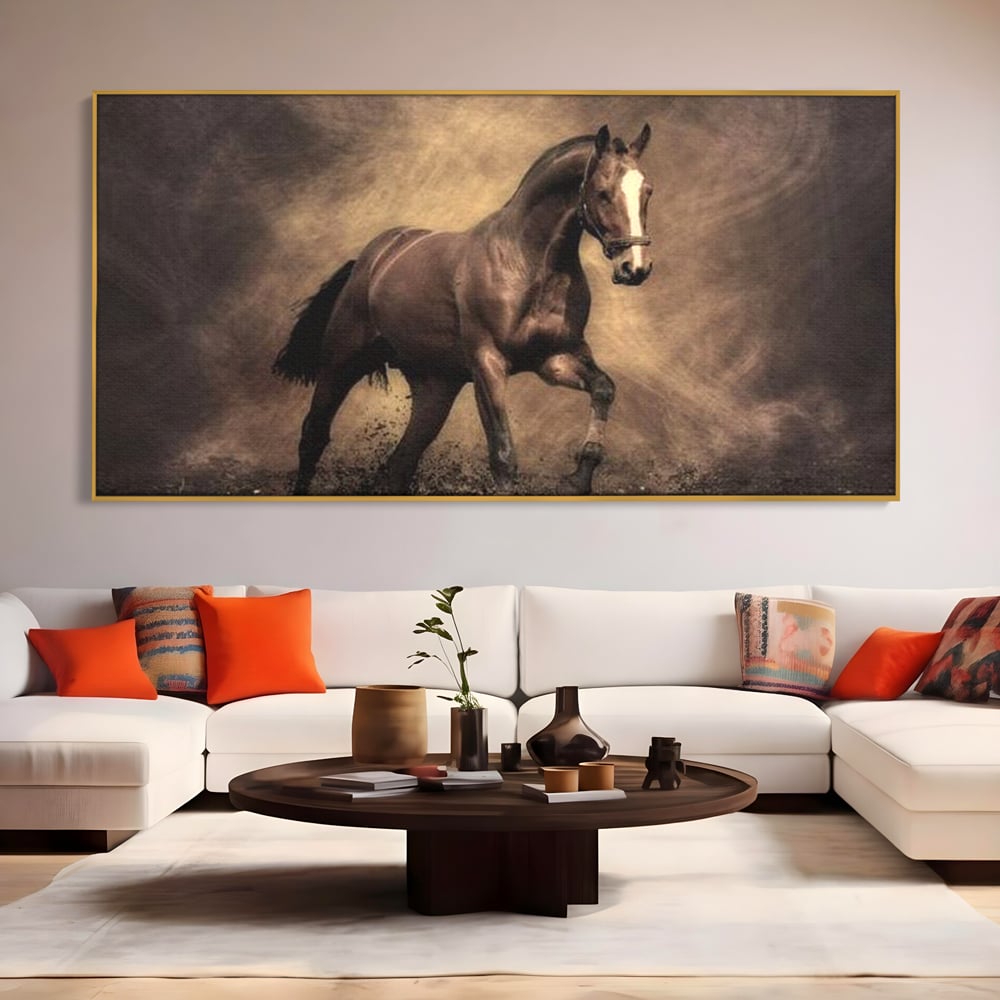 Tablou Canvas Premium, LuxCanva® M1346, Invelis de Praf si Lumina, Pamant, Praf, Lumina, Viteza, Energie, Cal, Animal, Copite, Salbaticie, Birou, Living, Camera Copil