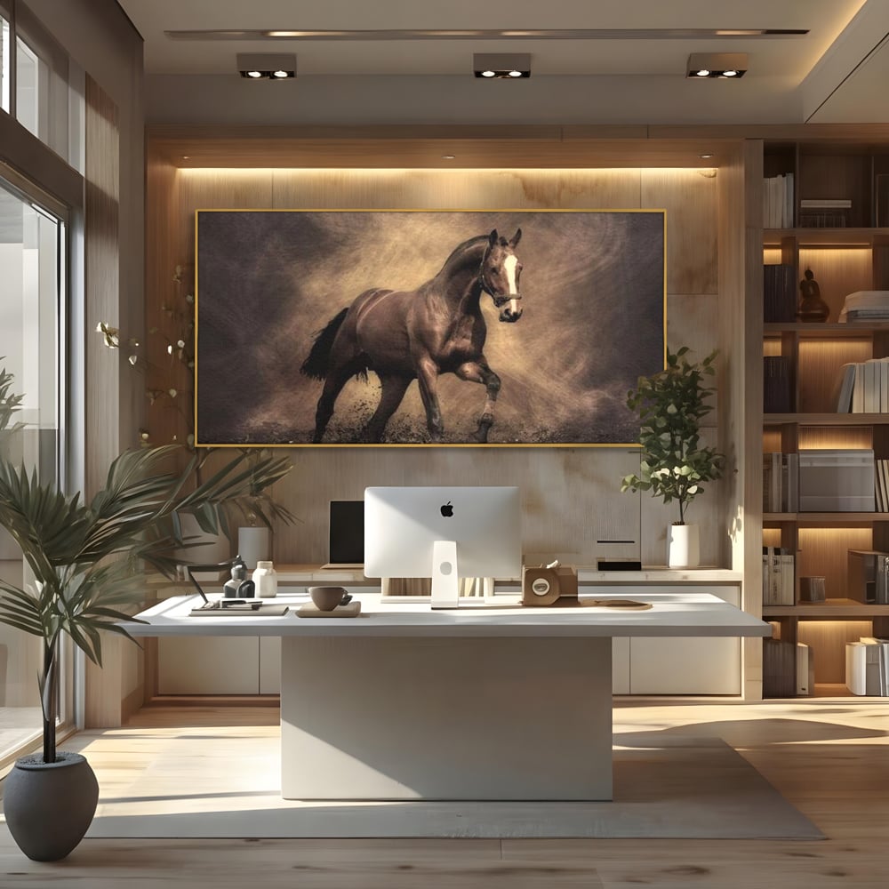 Tablou Canvas Premium, LuxCanva® M1346, Invelis de Praf si Lumina, Pamant, Praf, Lumina, Viteza, Energie, Cal, Animal, Copite, Salbaticie, Birou, Living, Camera Copil
