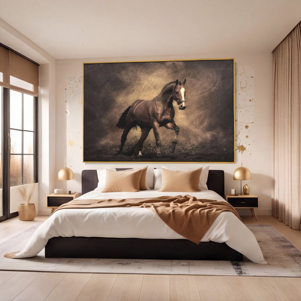Tablou Canvas Premium, LuxCanva® M1346, Invelis de Praf si Lumina, Pamant, Praf, Lumina, Viteza, Energie, Cal, Animal, Copite, Salbaticie, Birou, Living, Camera Copil