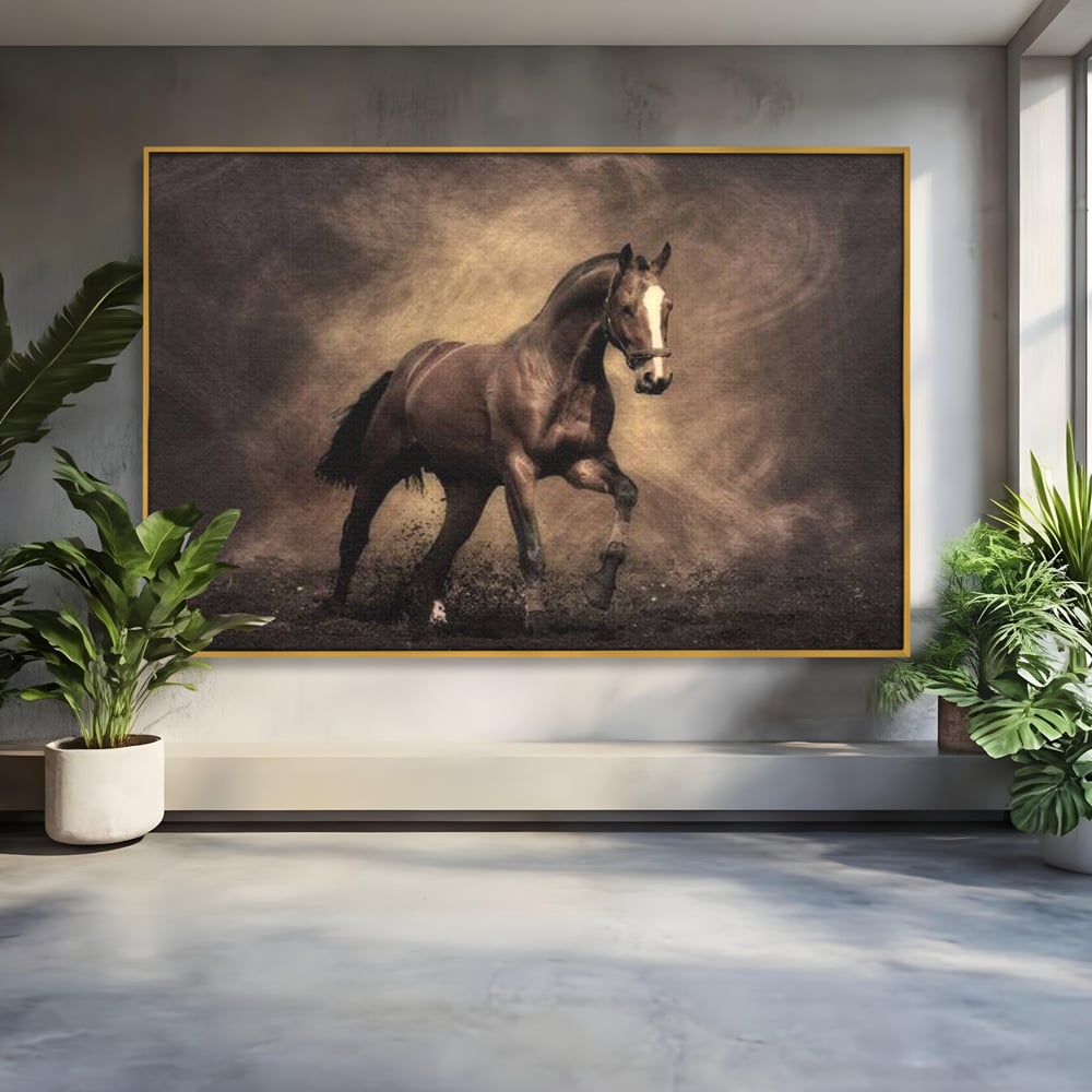 Tablou Canvas Premium, LuxCanva® M1346, Invelis de Praf si Lumina, Pamant, Praf, Lumina, Viteza, Energie, Cal, Animal, Copite, Salbaticie, Birou, Living, Camera Copil