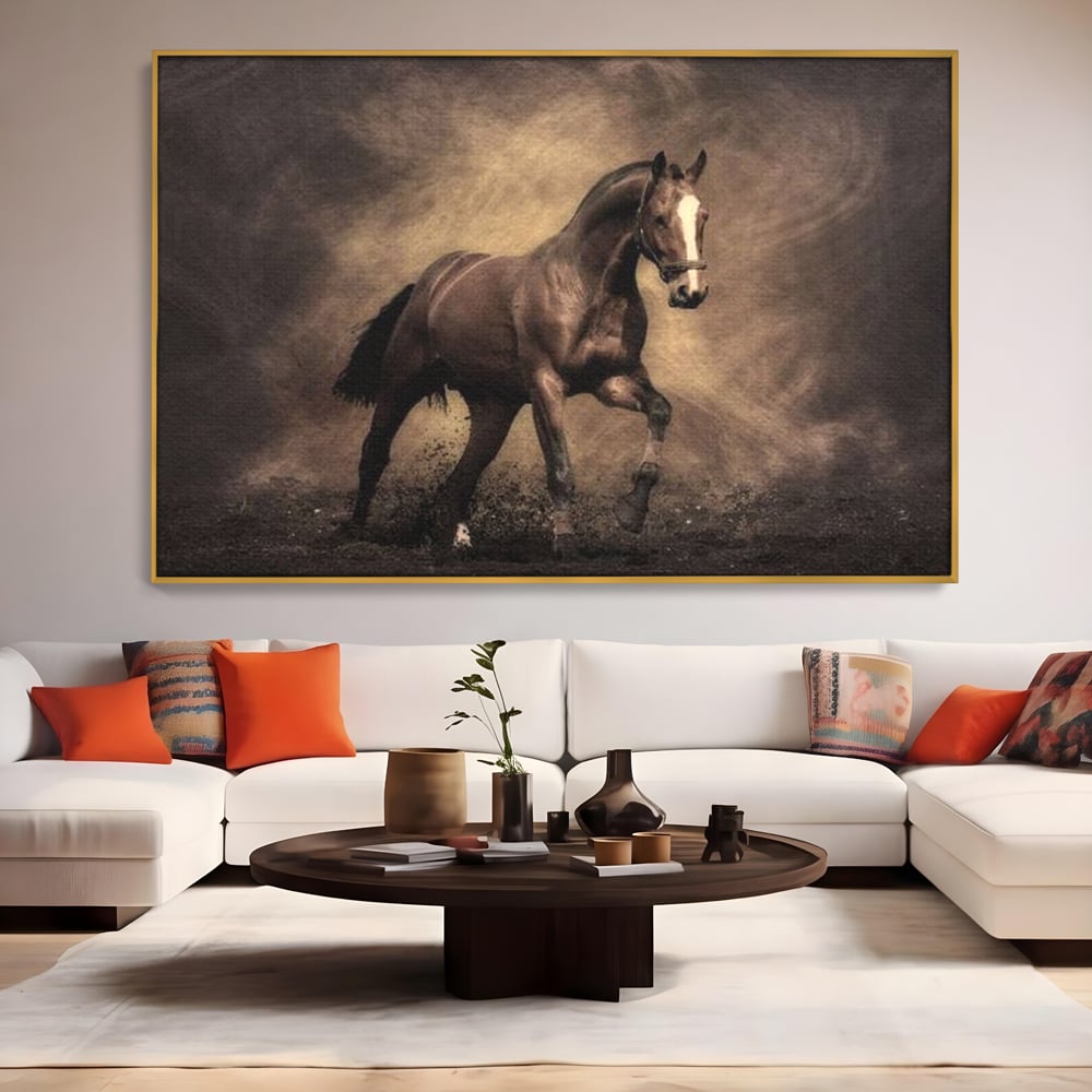 Tablou Canvas Premium, LuxCanva® M1346, Invelis de Praf si Lumina, Pamant, Praf, Lumina, Viteza, Energie, Cal, Animal, Copite, Salbaticie, Birou, Living, Camera Copil