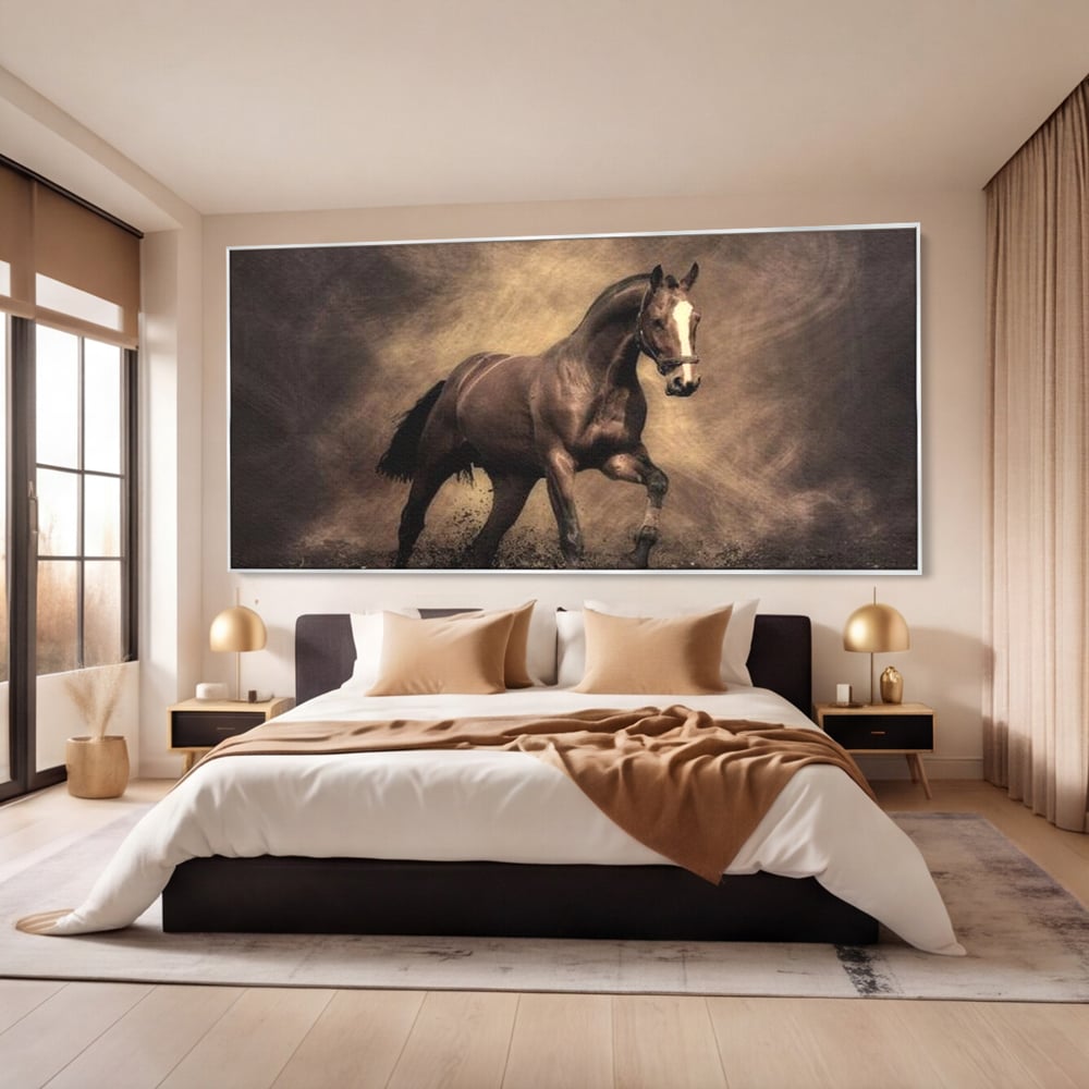 Tablou Canvas Premium, LuxCanva® M1346, Invelis de Praf si Lumina, Pamant, Praf, Lumina, Viteza, Energie, Cal, Animal, Copite, Salbaticie, Birou, Living, Camera Copil
