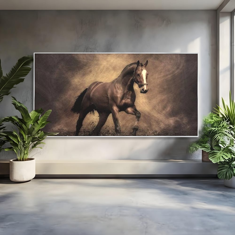 Tablou Canvas Premium, LuxCanva® M1346, Invelis de Praf si Lumina, Pamant, Praf, Lumina, Viteza, Energie, Cal, Animal, Copite, Salbaticie, Birou, Living, Camera Copil