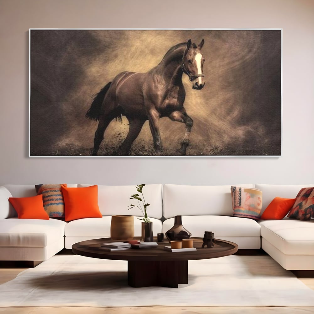 Tablou Canvas Premium, LuxCanva® M1346, Invelis de Praf si Lumina, Pamant, Praf, Lumina, Viteza, Energie, Cal, Animal, Copite, Salbaticie, Birou, Living, Camera Copil