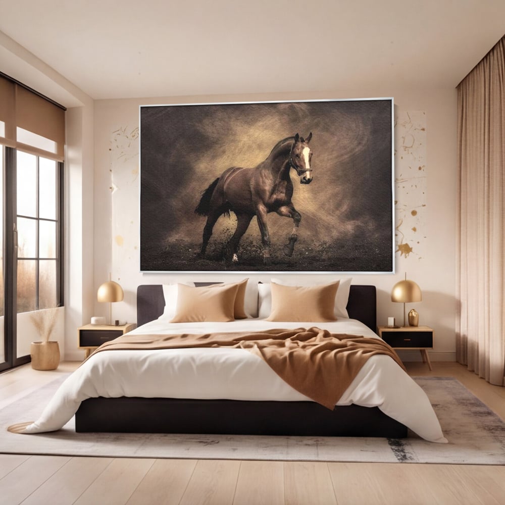 Tablou Canvas Premium, LuxCanva® M1346, Invelis de Praf si Lumina, Pamant, Praf, Lumina, Viteza, Energie, Cal, Animal, Copite, Salbaticie, Birou, Living, Camera Copil
