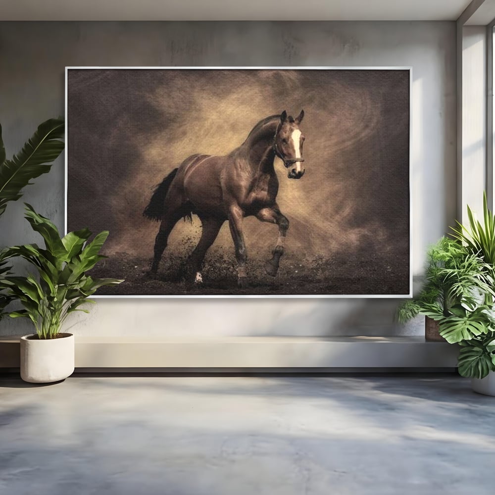 Tablou Canvas Premium, LuxCanva® M1346, Invelis de Praf si Lumina, Pamant, Praf, Lumina, Viteza, Energie, Cal, Animal, Copite, Salbaticie, Birou, Living, Camera Copil