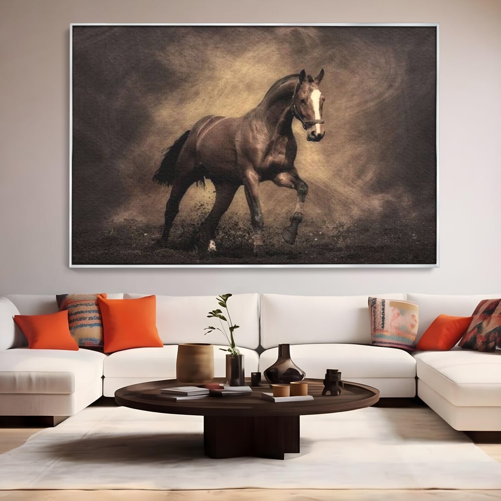 Tablou Canvas Premium, LuxCanva® M1346, Invelis de Praf si Lumina, Pamant, Praf, Lumina, Viteza, Energie, Cal, Animal, Copite, Salbaticie, Birou, Living, Camera Copil