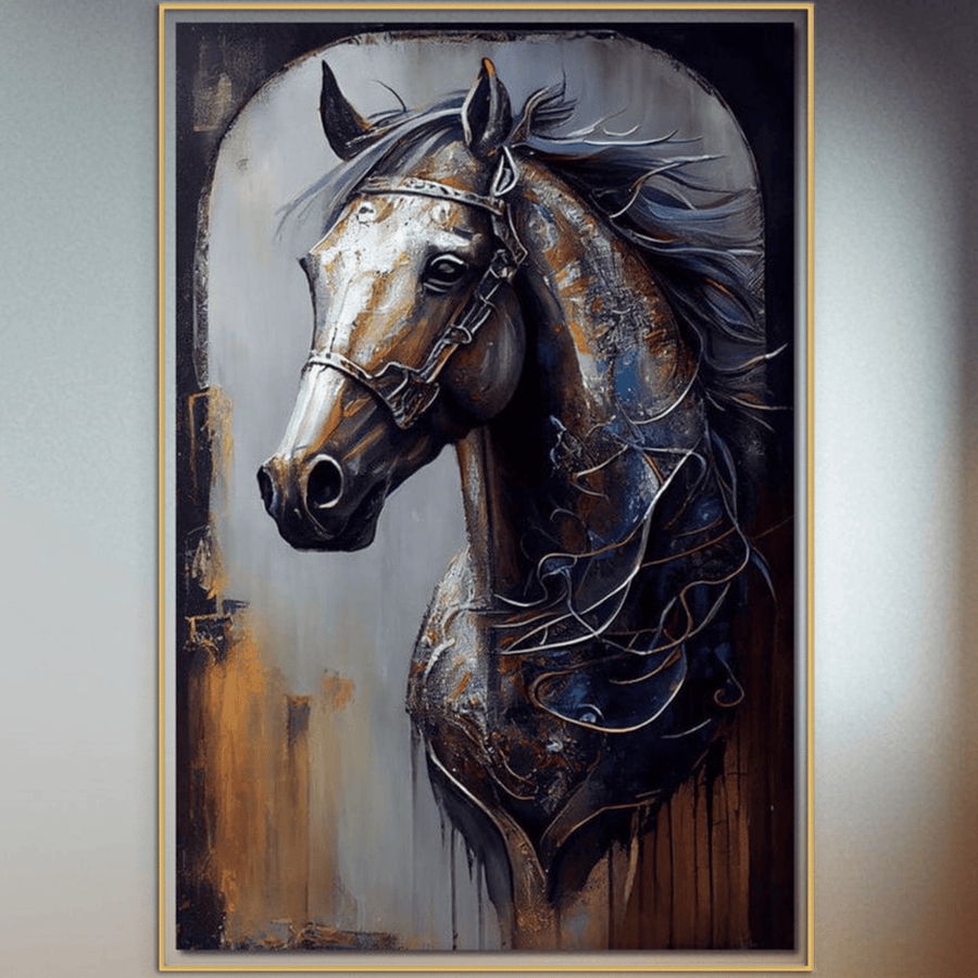 Tablou Canvas Premium LuxCanva® M1347, Oglinda Destinului: un portret modern și abstract de armăsar cu brîu, în tonuri bogate maro și albastru, pe pânză premium - perfect pentru birou, living sau camera copilului.