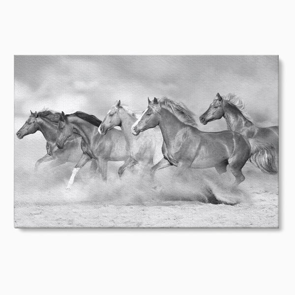 Tablou Canvas Premium, LuxCanva® M1348, Chemarea Instinctului, Alb si Negru, Libertate, Cai, Galop, Viteza, Praf, Grup, Miscare, Animal, Salbaticie, Birou, Living, Camera Copil