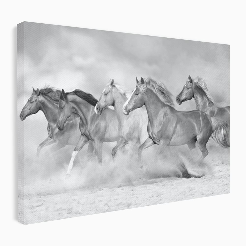 Tablou Canvas Premium, LuxCanva® M1348, Chemarea Instinctului, Alb si Negru, Libertate, Cai, Galop, Viteza, Praf, Grup, Miscare, Animal, Salbaticie, Birou, Living, Camera Copil
