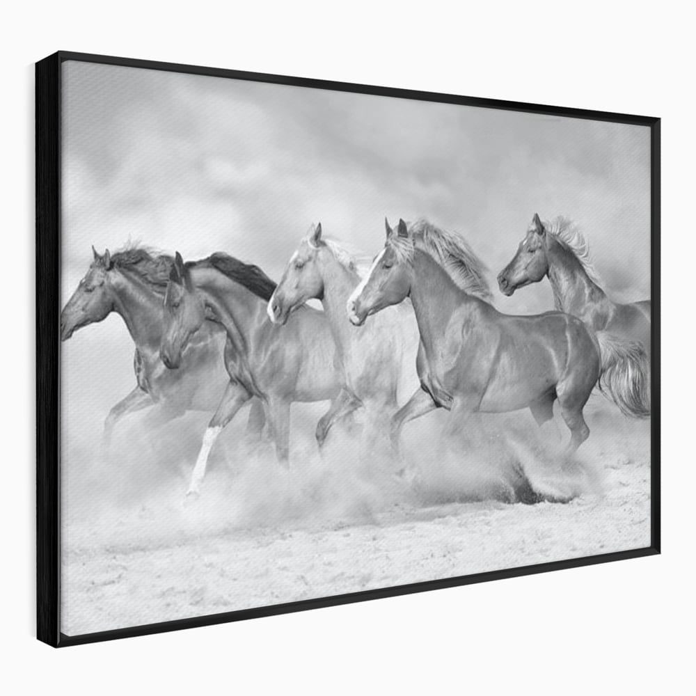 Tablou Canvas Premium, LuxCanva® M1348, Chemarea Instinctului, Alb si Negru, Libertate, Cai, Galop, Viteza, Praf, Grup, Miscare, Animal, Salbaticie, Birou, Living, Camera Copil