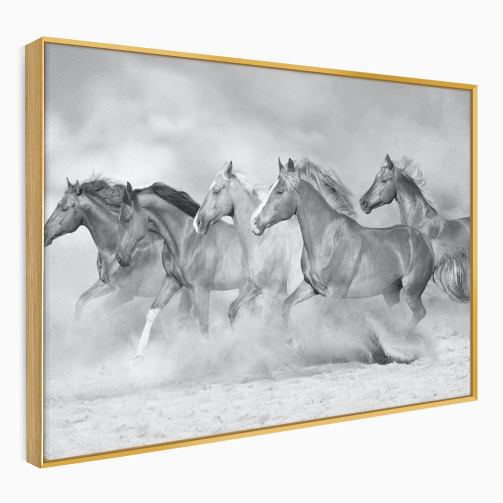 Tablou Canvas Premium, LuxCanva® M1348, Chemarea Instinctului, Alb si Negru, Libertate, Cai, Galop, Viteza, Praf, Grup, Miscare, Animal, Salbaticie, Birou, Living, Camera Copil