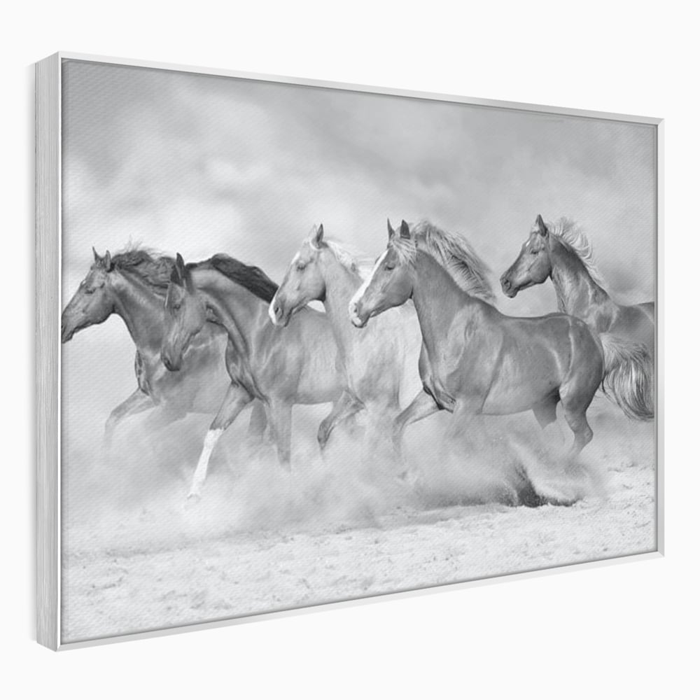 Tablou Canvas Premium, LuxCanva® M1348, Chemarea Instinctului, Alb si Negru, Libertate, Cai, Galop, Viteza, Praf, Grup, Miscare, Animal, Salbaticie, Birou, Living, Camera Copil