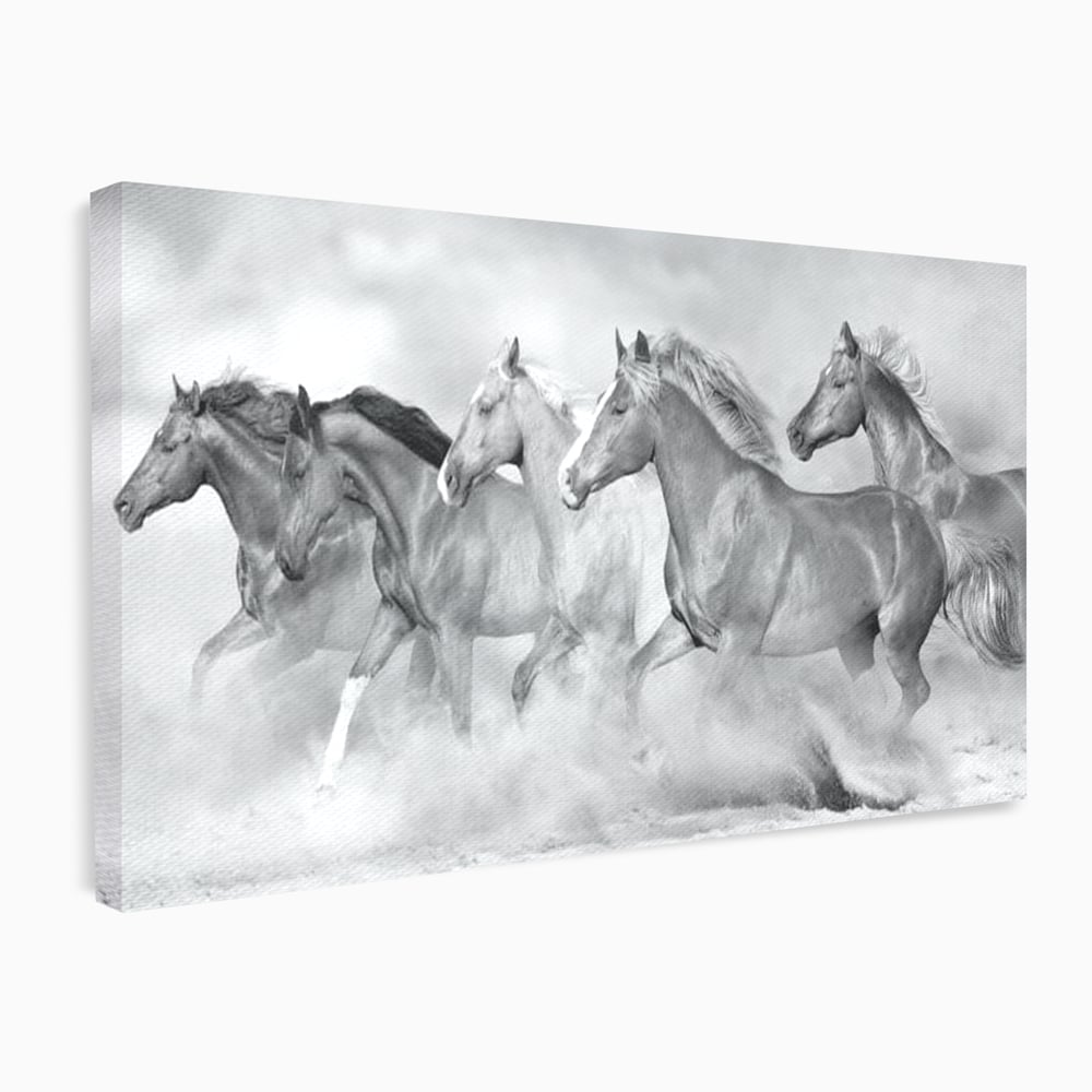 Tablou Canvas Premium, LuxCanva® M1348, Chemarea Instinctului, Alb si Negru, Libertate, Cai, Galop, Viteza, Praf, Grup, Miscare, Animal, Salbaticie, Birou, Living, Camera Copil