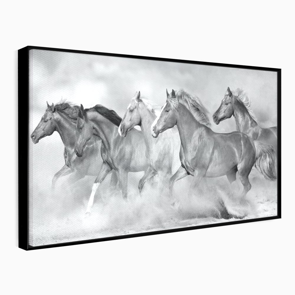 Tablou Canvas Premium, LuxCanva® M1348, Chemarea Instinctului, Alb si Negru, Libertate, Cai, Galop, Viteza, Praf, Grup, Miscare, Animal, Salbaticie, Birou, Living, Camera Copil