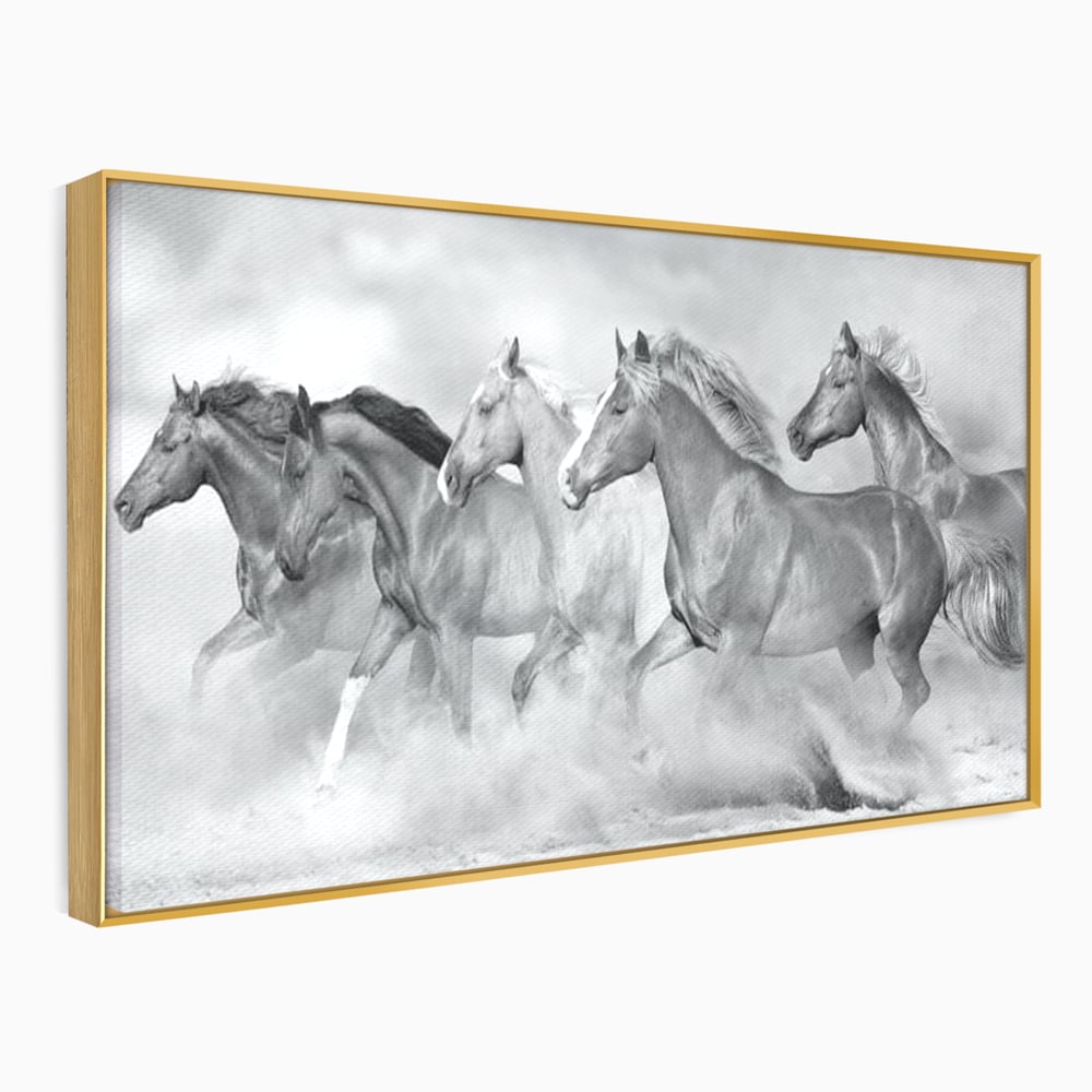 Tablou Canvas Premium, LuxCanva® M1348, Chemarea Instinctului, Alb si Negru, Libertate, Cai, Galop, Viteza, Praf, Grup, Miscare, Animal, Salbaticie, Birou, Living, Camera Copil