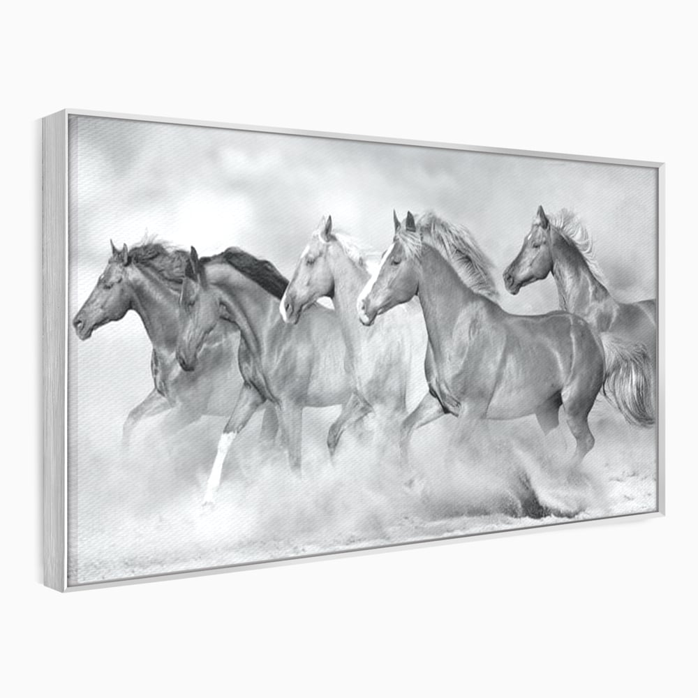 Tablou Canvas Premium, LuxCanva® M1348, Chemarea Instinctului, Alb si Negru, Libertate, Cai, Galop, Viteza, Praf, Grup, Miscare, Animal, Salbaticie, Birou, Living, Camera Copil