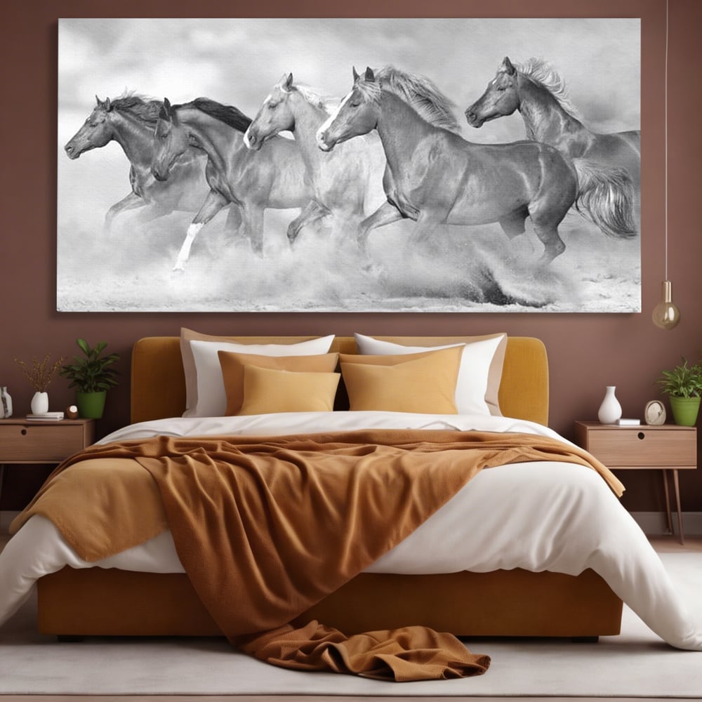 Tablou Canvas Premium, LuxCanva® M1348, Chemarea Instinctului, Alb si Negru, Libertate, Cai, Galop, Viteza, Praf, Grup, Miscare, Animal, Salbaticie, Birou, Living, Camera Copil