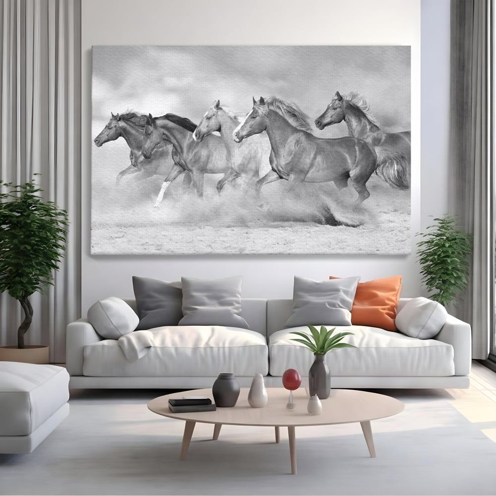 Tablou Canvas Premium, LuxCanva® M1348, Chemarea Instinctului, Alb si Negru, Libertate, Cai, Galop, Viteza, Praf, Grup, Miscare, Animal, Salbaticie, Birou, Living, Camera Copil