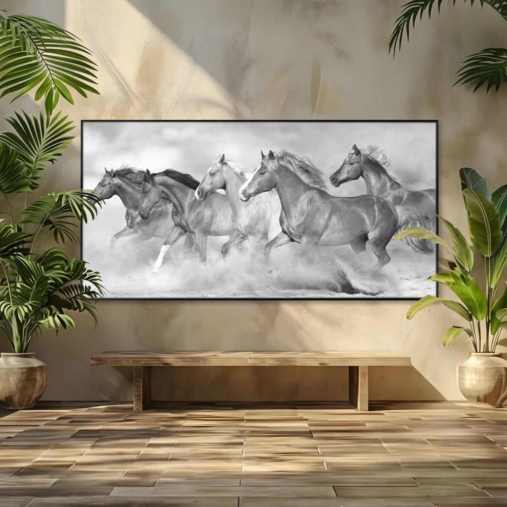 Tablou Canvas Premium, LuxCanva® M1348, Chemarea Instinctului, Alb si Negru, Libertate, Cai, Galop, Viteza, Praf, Grup, Miscare, Animal, Salbaticie, Birou, Living, Camera Copil